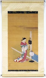 Mujer japonesa dando cuerda a un reloj de pared, período Edo (1600-1868) 1700-50